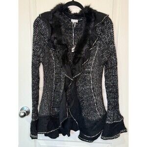 Sioni Studio Cardigan XL Sweater Women Black Faux Fur Collar Ruffle Hem Y2K NWT